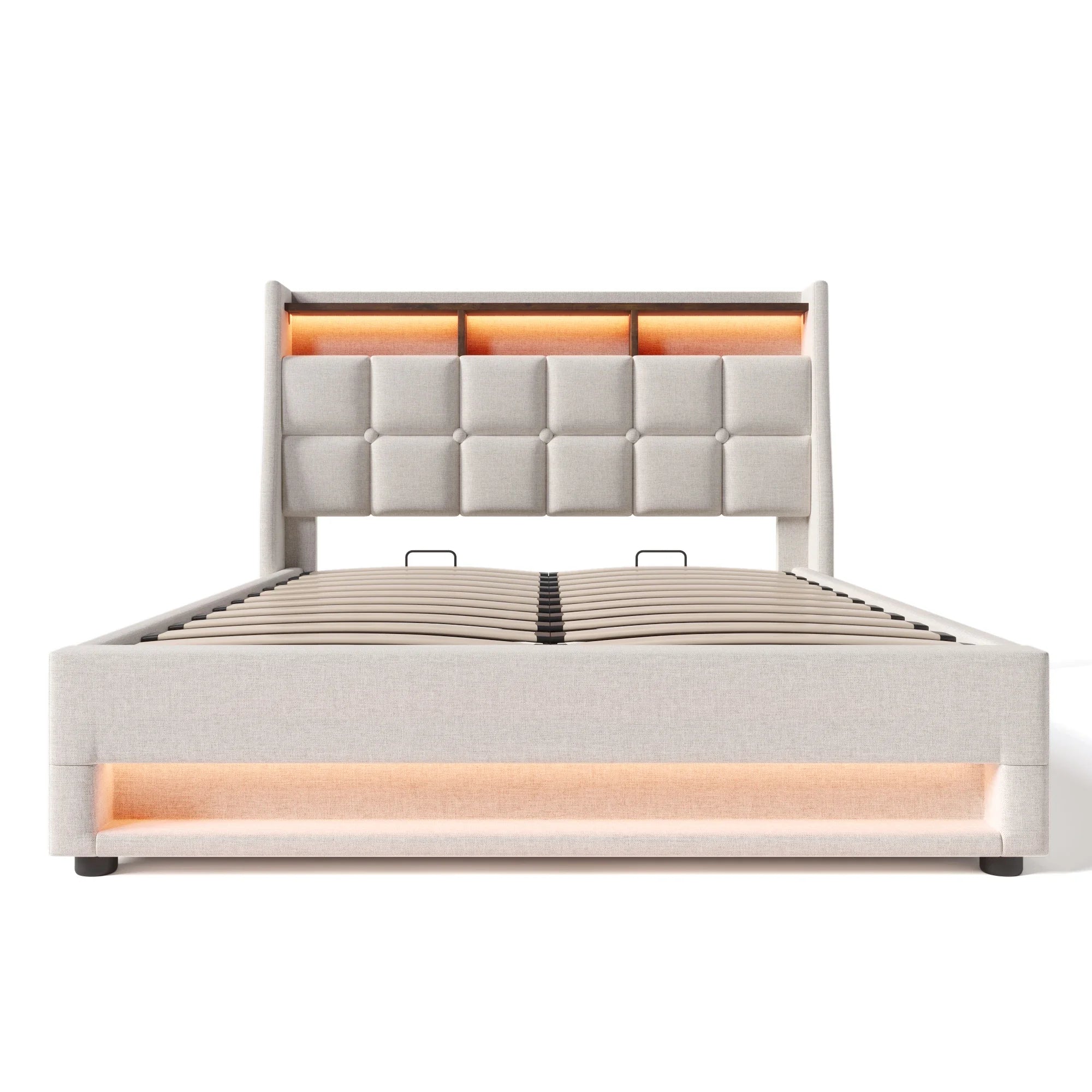 VSOGA Upholstered Bed with USB, 90/140/160/180 x 200 cm, LED Double Bed, Metal Slatted Frame, Linen  (Mattress Not Included)