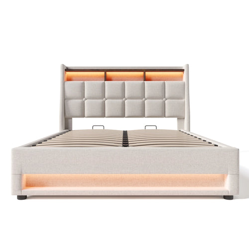 VSOGA Upholstered Bed with USB, 90/140/160/180 x 200 cm, LED Double Bed, Metal Slatted Frame, Linen  (Mattress Not Included)