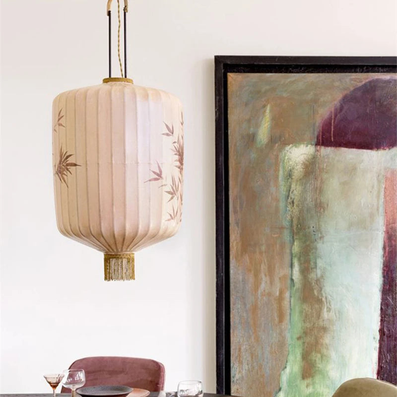 Nouvelle lampe lanterne en tissu chinois pour Restaurant salon rétro hôtel chez l'habitant balcon motif dessiné à la main lustre ampoule gratuite - vue 3 sur 18