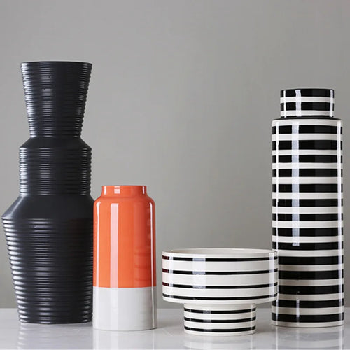 Black and White Striped Ceramic Vase, Flower Pot Decoration, Home and Living Room Decoration, Creative Geometric Striped Vase - vue 2 sur 18