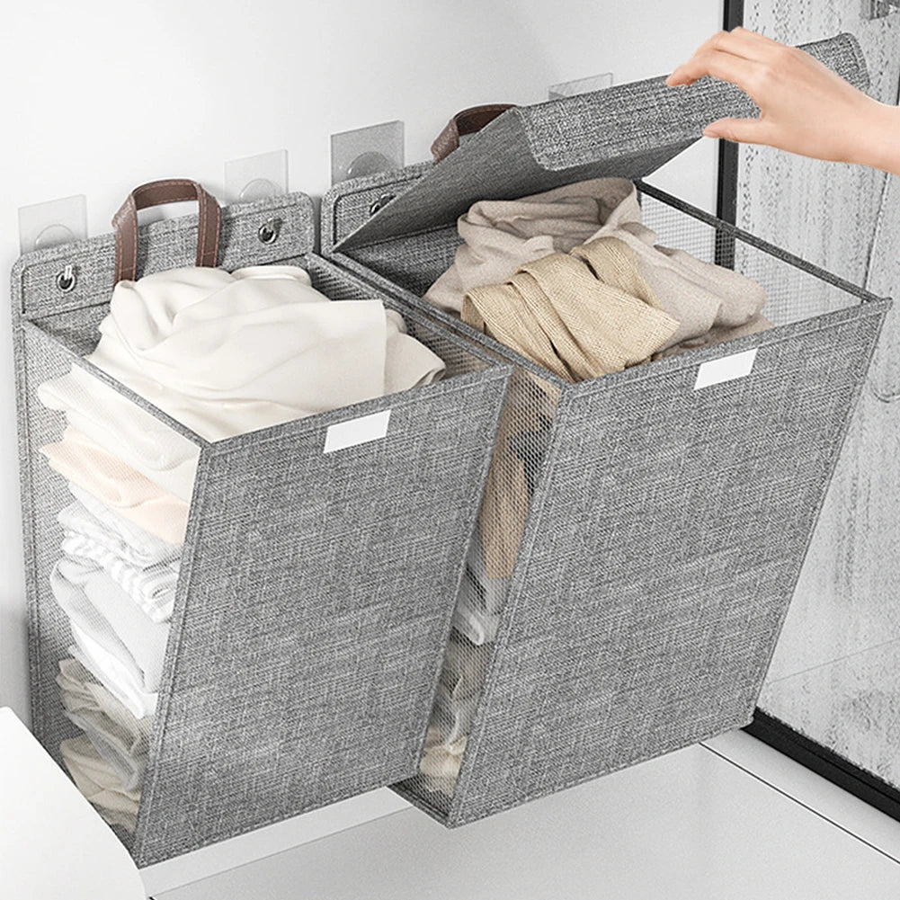 1pc Foldable Adhesive Laundry Basket Hamper, Multifunctional Punch Free Wall Hanging Washing Clothes Mesh Hook Organizer - vue 2 sur 7