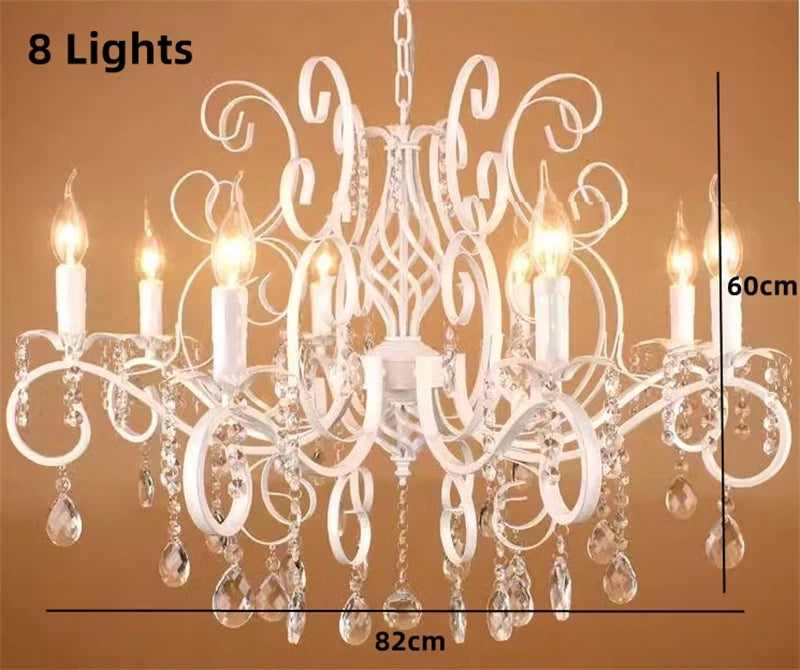 Vintage white iron chandelier with crystal pendants for interior decoration