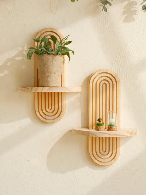 1Pc Boho Style Wooden Wall Shelves - Geometric Wall Mounted Shelves, Natural Wood Finish, Modern Home Decor, Plant Decorative - vue 3 sur 7