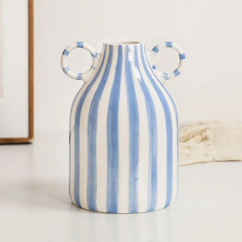 Double Ear Ceramic Vase, Abstract Black and White Striped Hydroponic Vase, Living Room Decoration, Room Aesthetic Decoration - vue 6 sur 14