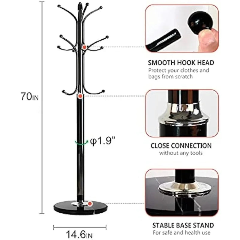 Metal Coat Rack Stand with Natural Marble Base, Free Standing Hall Tree with 12 Hooks for Hanging Scarf, Bag, Jacket - vue 6 sur 8