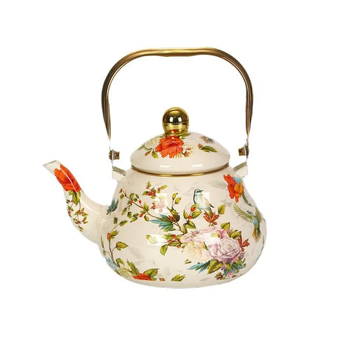 Bouilloire email vintage florale poignée dorée 1 5l