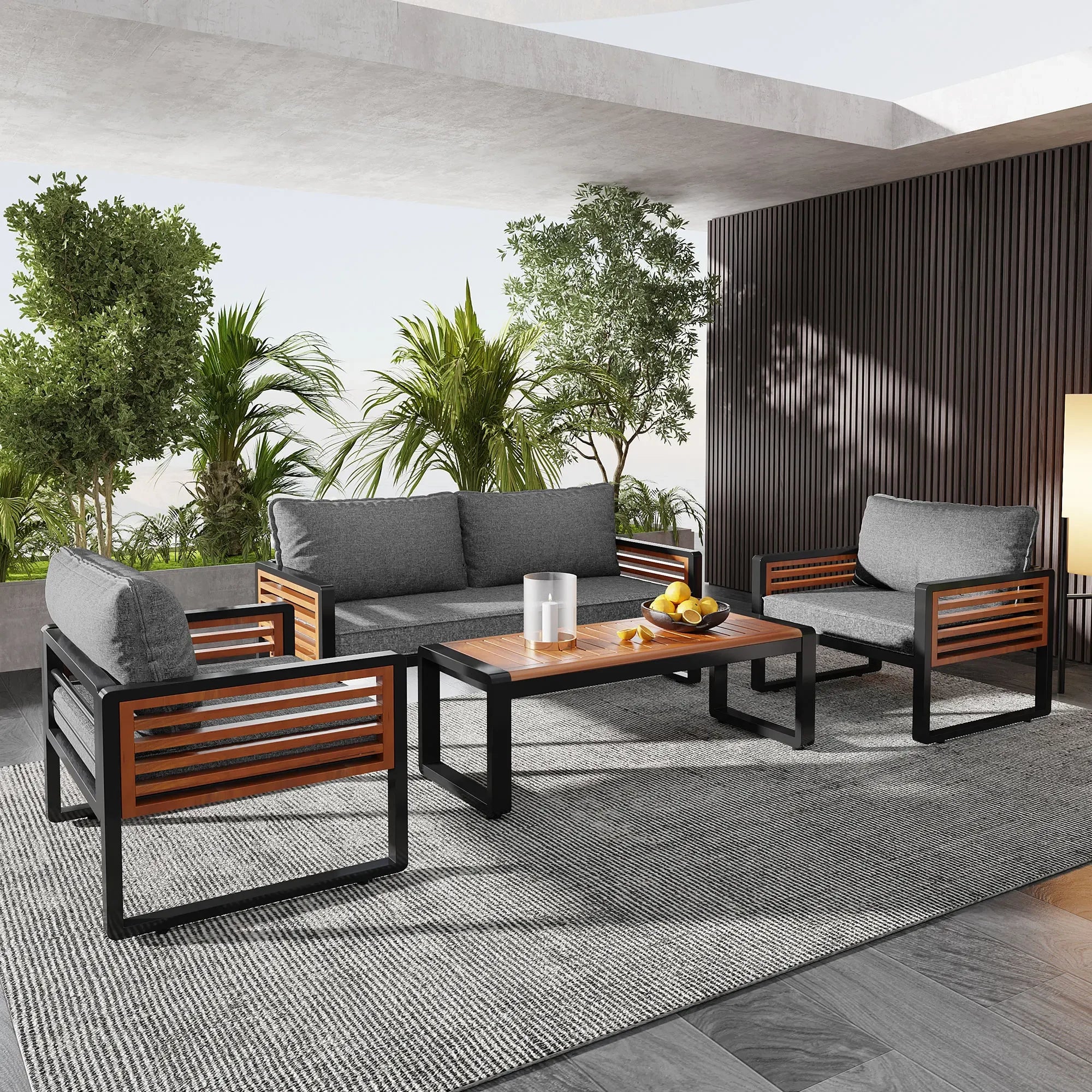 salon de jardin 4 pièces avec canapé et chaises en fer galvanisé