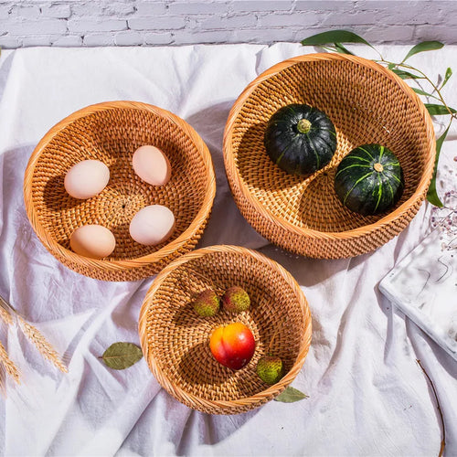 HEMU-Round Rattan Woven Basket, Wicker Fruit Basket, Bread Food, Kitchen Home Decor Organizer - vue 2 sur 12
