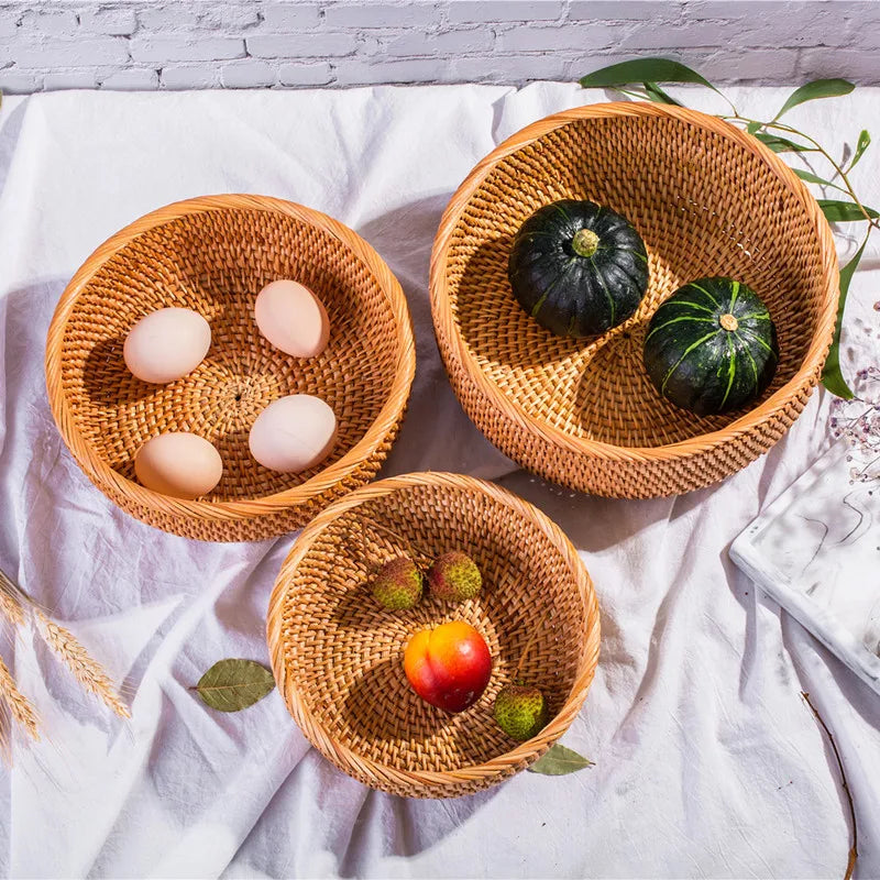 HEMU-Round Rattan Woven Basket, Wicker Fruit Basket, Bread Food, Kitchen Home Decor Organizer - vue 1 sur 12