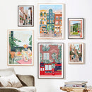 aquarelle ville côtière vue commerciale art mural décor nordique
