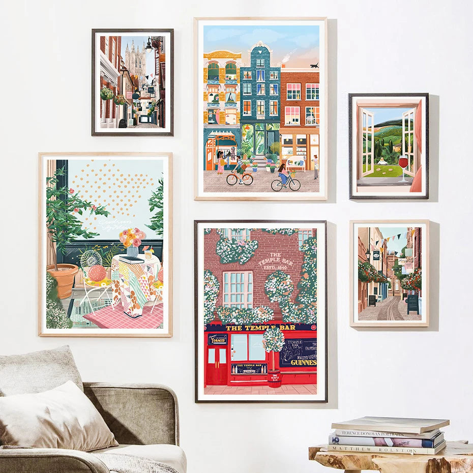 aquarelle ville côtière vue commerciale art mural décor nordique - vue 4 sur 7