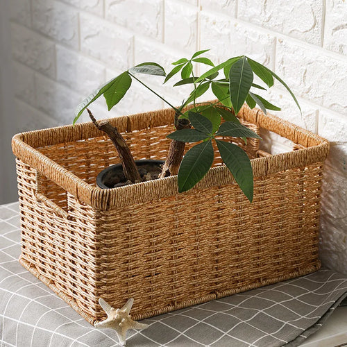 Strong Rectangle Woven Storage Basket with Handles, Waterproof Plastic Baskets for Home Toy Storage, Nest - vue 4 sur 15