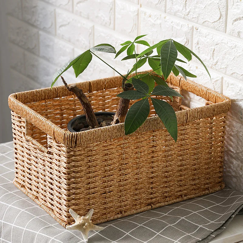 Strong Rectangle Woven Storage Basket with Handles, Waterproof Plastic Baskets for Home Toy Storage, Nest - vue 3 sur 15