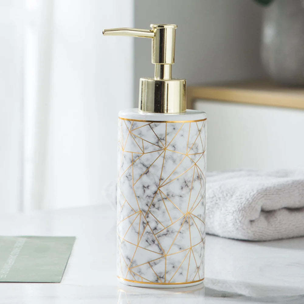 1pc Marble Pattern Ceramic Soap Dispenser,10.14oz Press Type Lotion Dispenser, Refillable Empty Bottle For Shampoo Shower Gel, B
