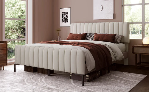 Headboard height is adjustable, 55cm high and thickened headboard Double bed with upholstered bed frame without mattress - vue 4 sur 8