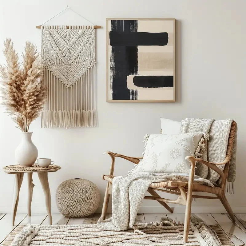 3件/Set Simple Beige and Black Abstract Poster Canvas Art Print, Bohemian Wall Background Wall Decoration, Modern Living Room - vue 4 sur 5