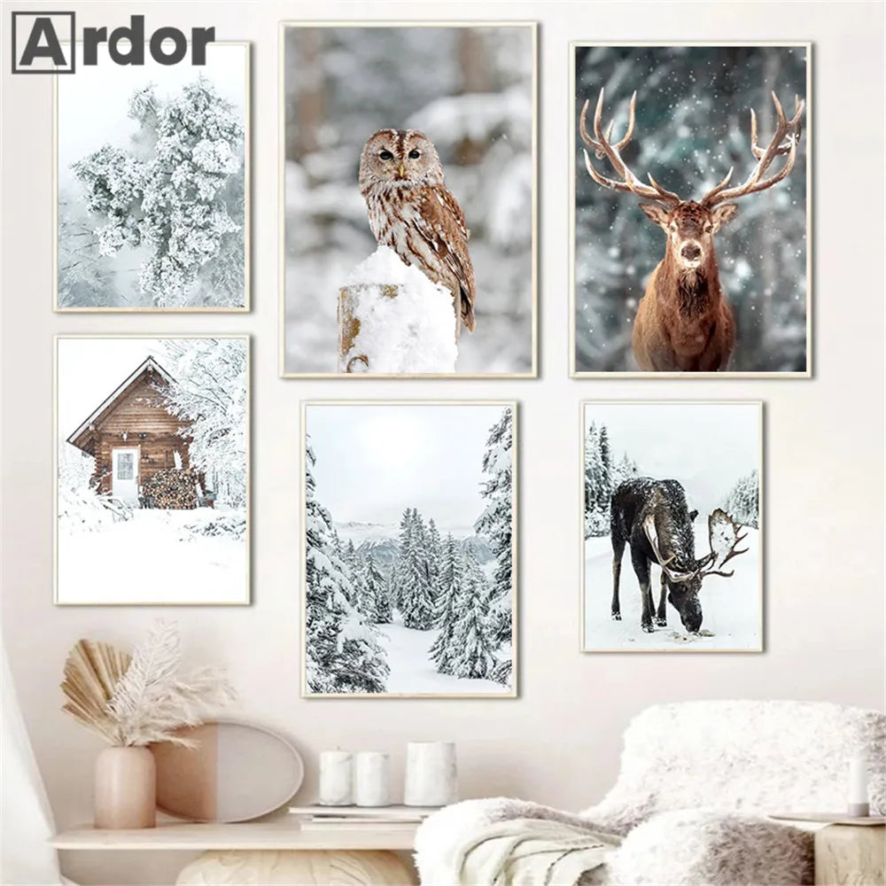 décoration murale forêt hivernale avec renard hibou et cerf - vue 6 sur 7