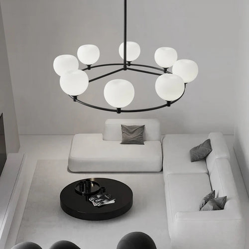 lustre réglable en hauteur avec anneaux en cuivre et verre blanc