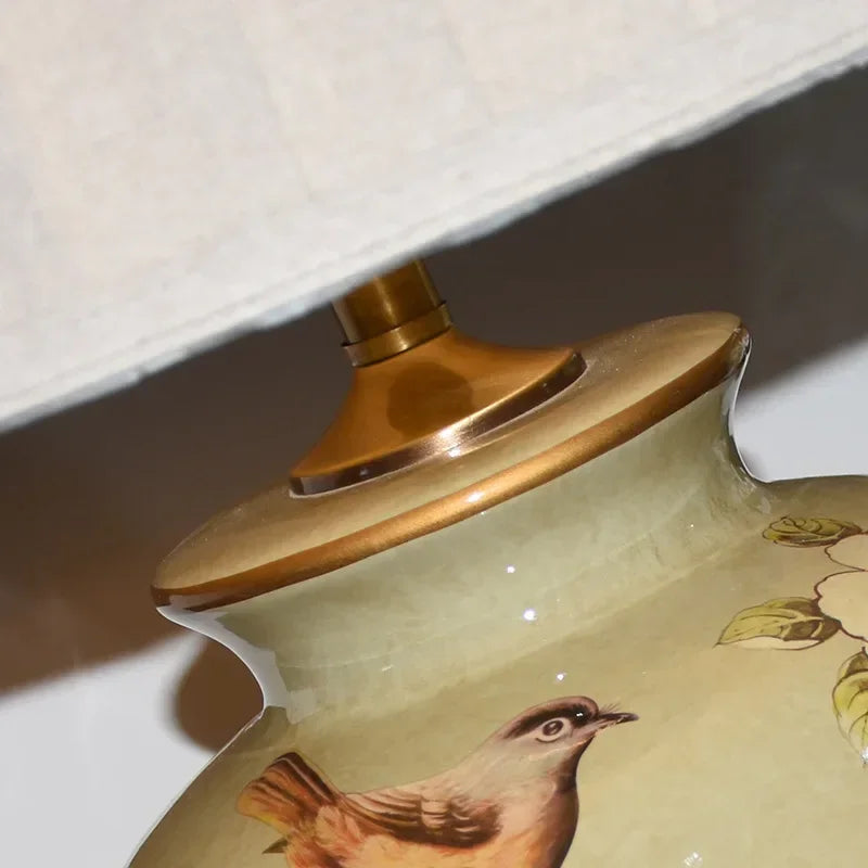 lampe de bureau nordique en céramique motif fleur et oiseau - vue 6 sur 9