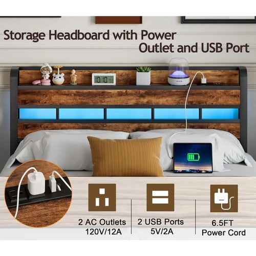 Queen Size Headboard with Storage Shelf and LED Light, USB Port and Charging Station, Sturdy Metal Frame & Wood Shelf - vue 6 sur 6
