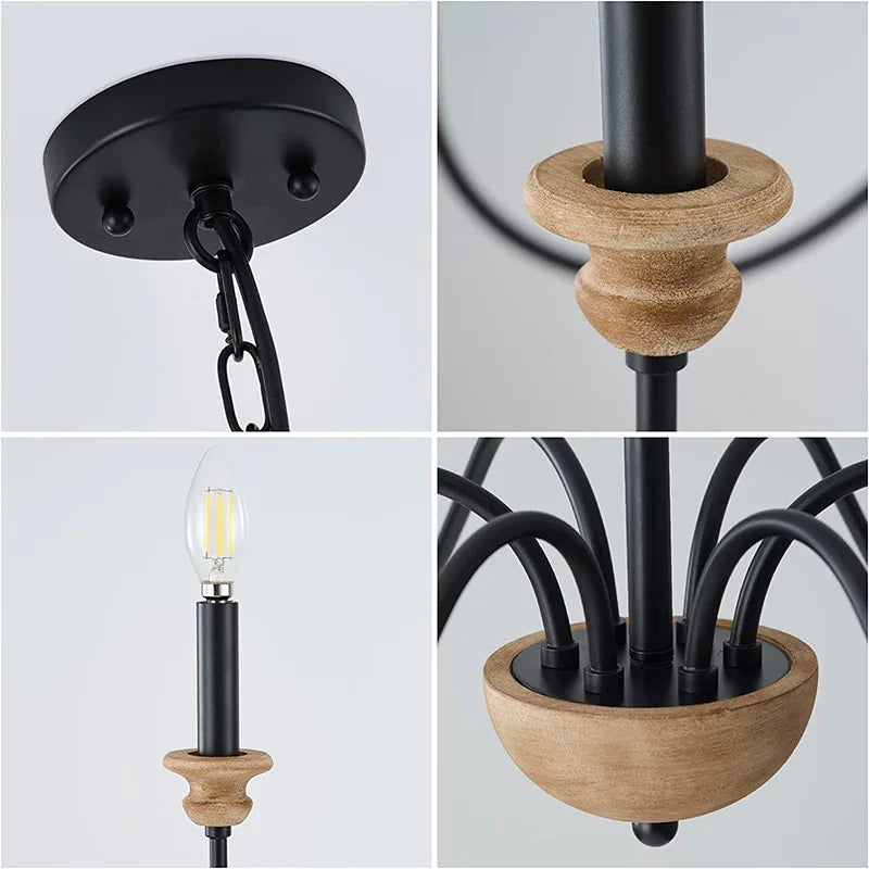 Lustre à 6 têtes rétro américain Rural bois français nordique - vue 6 sur 7