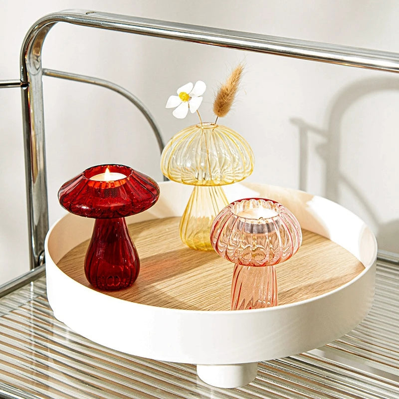 bougeoir champignon en verre pour décoration de table et vase - vue 4 sur 14