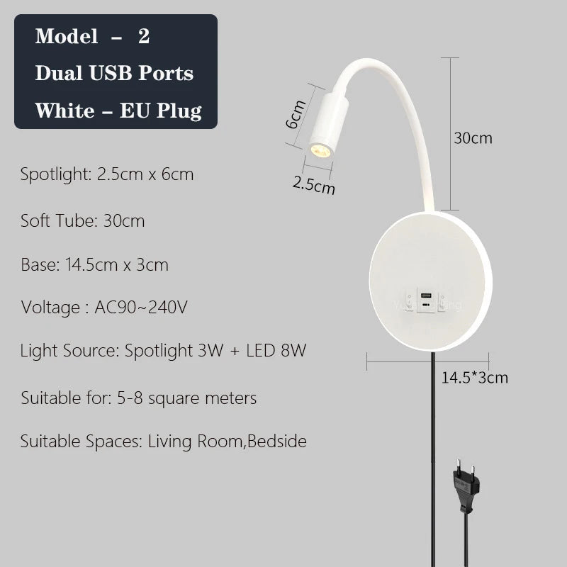 applique murale led réglable avec ports usb design moderne - vue 17 sur 22