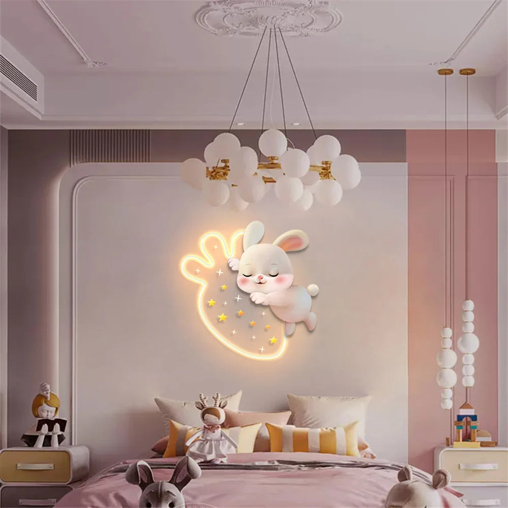 Dessin animé fraise lapin peinture décorative applique murale LED lampe filles chambre chevet atmosphère lumière enfants acrylique murale appliques - vue 7 sur 8