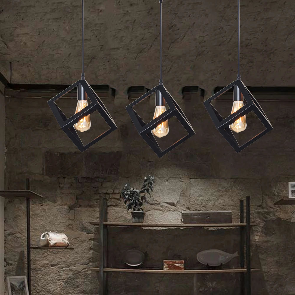 Black Geometric Pendant Lighting Modern Square Hanging Light Ceiling Fixture for Kitchen Island, Foyer, Hallway, Bedroom E27 - vue 5 sur 8