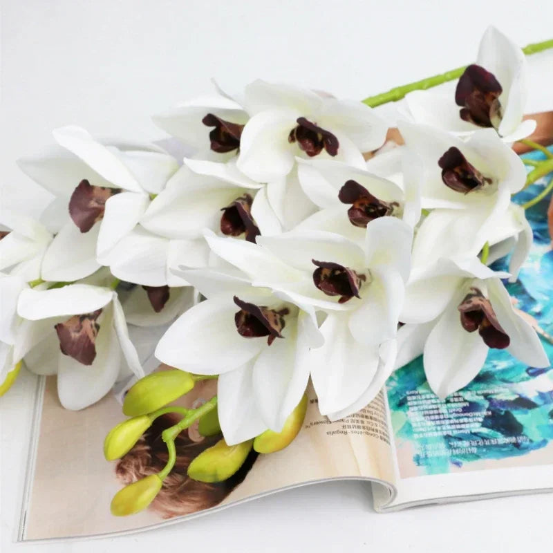 Realistic cymbidium artificial flowers from New Zealand, lifelike orchid decoration - vue 6 sur 10