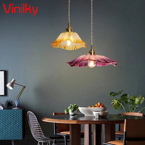 Minimalist nordic pendant light japanese style brass glass flower lamp - vue 2 sur 13