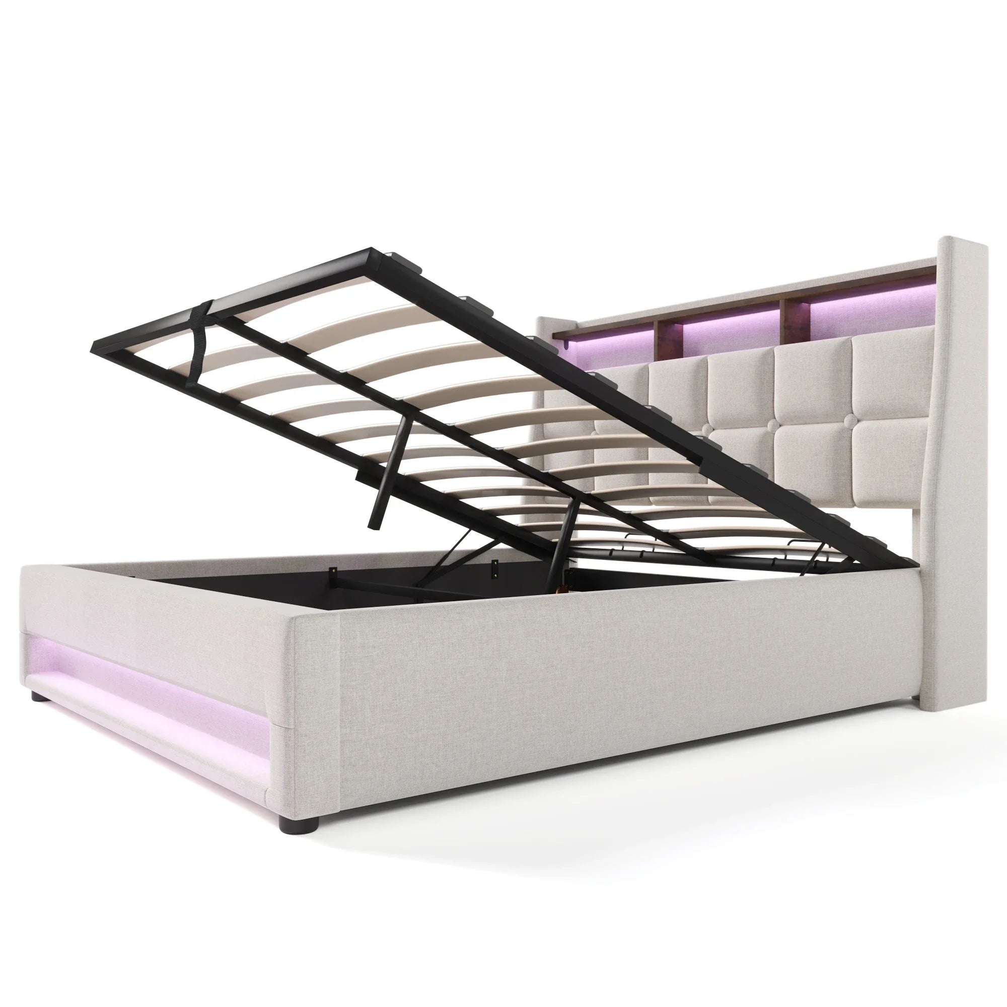 VSOGA Upholstered Bed with USB, 90/140/160/180 x 200 cm, LED Double Bed, Metal Slatted Frame, Linen  (Mattress Not Included) - vue 4 sur 7