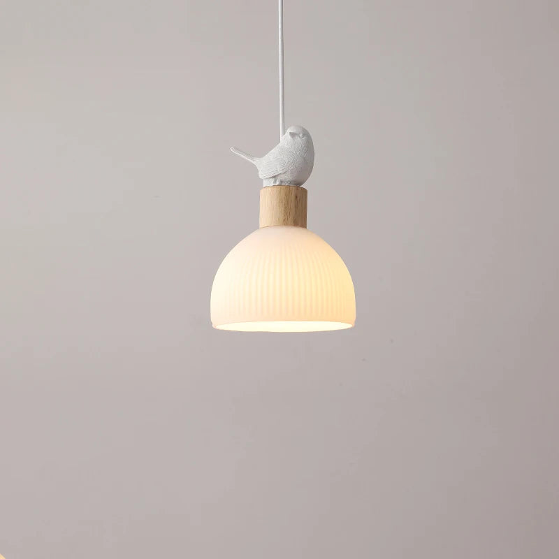 lustre led en bois avec abat-jour en verre blanc - vue 6 sur 8