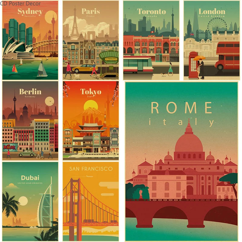 affiche rétro des villes du monde monument architecture décoration murale