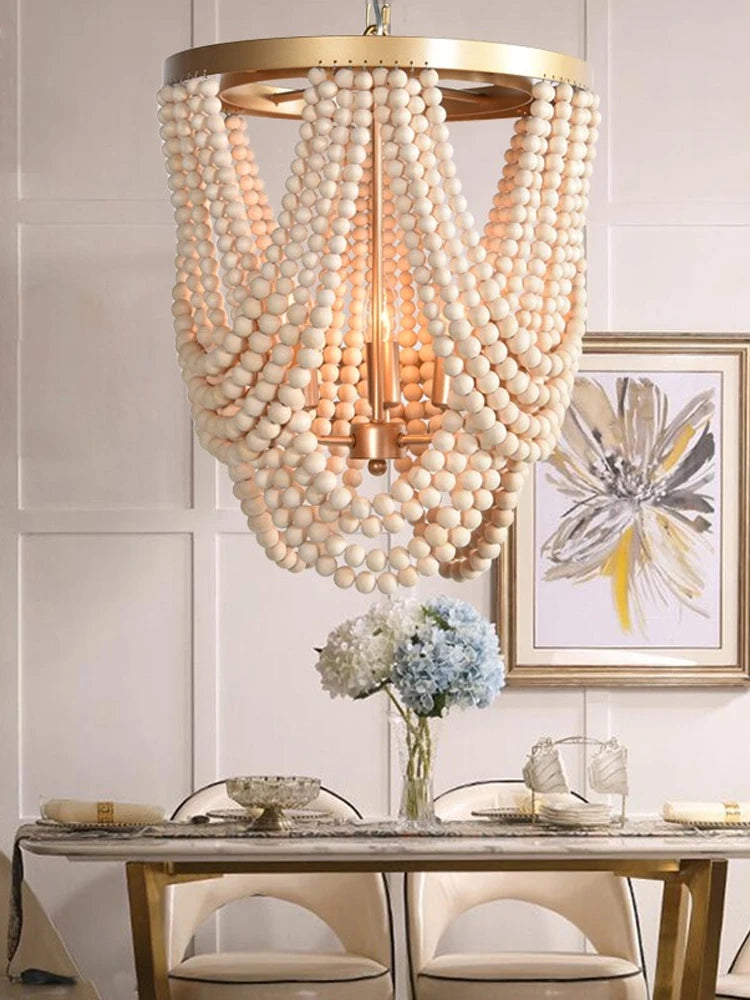 lustre rétro en perles de bois pour décoration intérieure - vue 5 sur 7