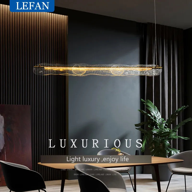 Lustre moderne allcopper lumière luxe créatif longue bande minimaliste bar salle à manger comptoir eau motif Suspension en verre - vue 2 sur 7