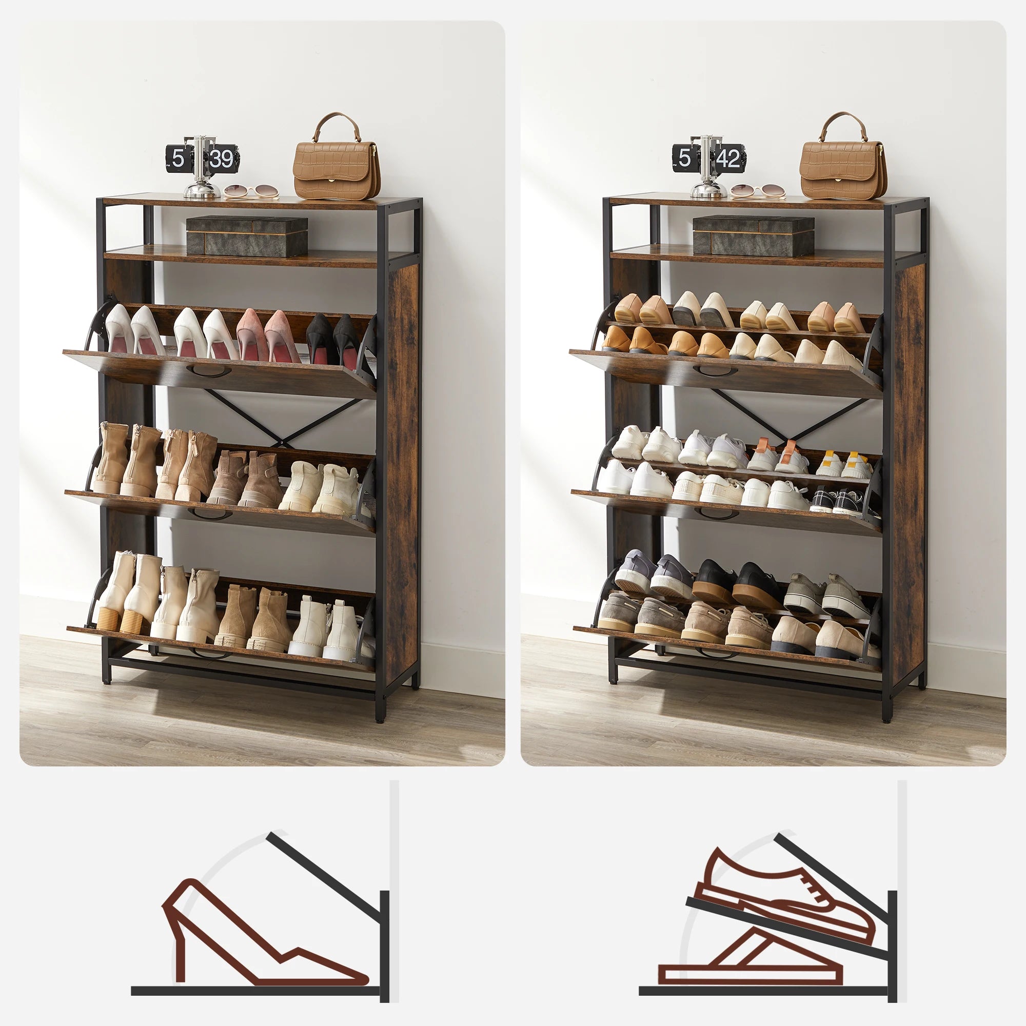 VASAGLE Shoe Cabinet, Slim Shoe Rack, 3-Leaf Shoe Storage Cabinet, Holds 15-24 Pairs, Dustproof, 30 x 80 x 130 cm, for Entryway - vue 4 sur 7