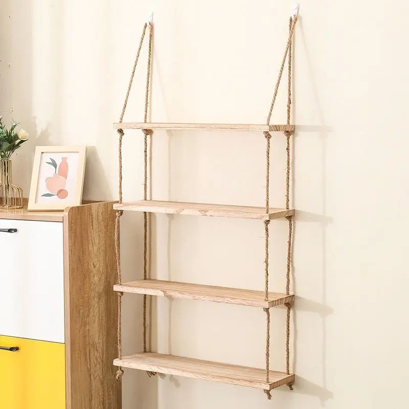 wooden wall shelf with hemp rope for modern decoration