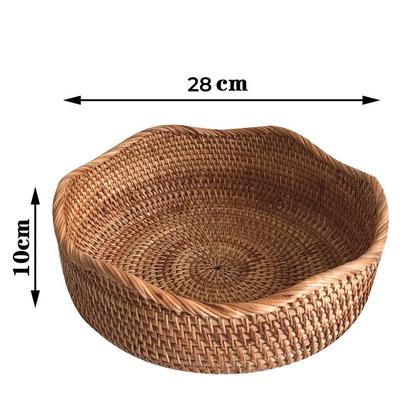 Round Rattan Woven Basket, Wicker Fruit Basket, Bread Food Kitchen Home Decor Organizer, Breadbasket For Kitchen - vue 9 sur 12
