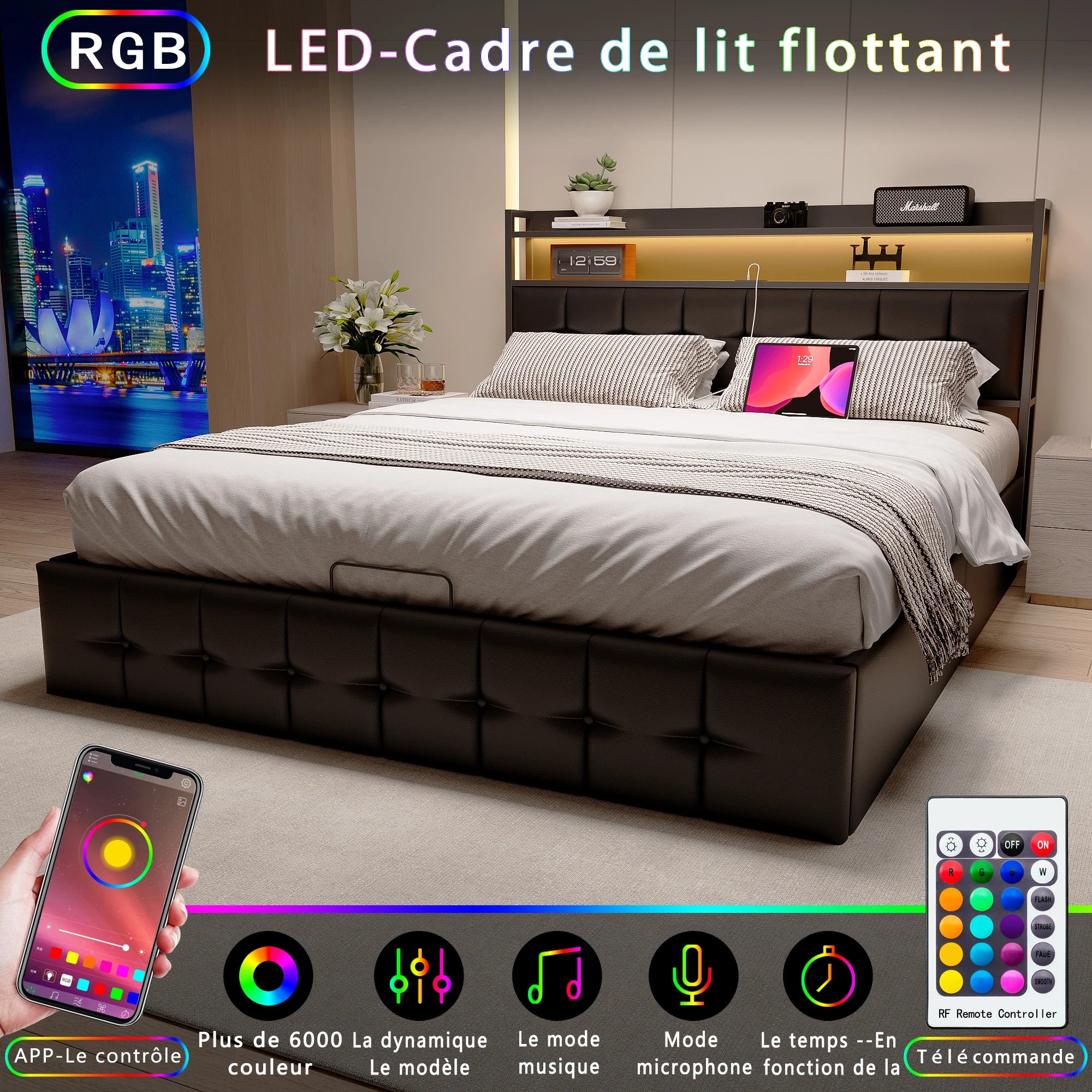 Storage Bed,Upholstered Bed 140/160x200cm,Headboard with LED Lighting and Charging USB,Double Bed with Storage Space,No mattress - vue 4 sur 6