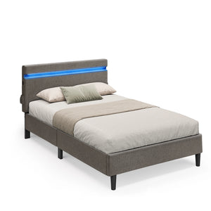 VASAGLE Metal Single Bed, 90 x 190 cm, Bed Frame, with Headboard, LED Lighting, USB and Type-C Port, Modern Style