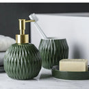 Nordic Bathroom, Dark Green Ceramic Embossed Shape, Soap Dispenser, Dish, Mouthwash Cup, Bathroom Supplies, Set