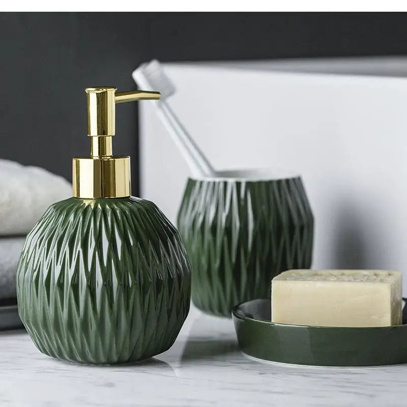 Nordic Bathroom, Dark Green Ceramic Embossed Shape, Soap Dispenser, Dish, Mouthwash Cup, Bathroom Supplies, Set - vue 3 sur 13