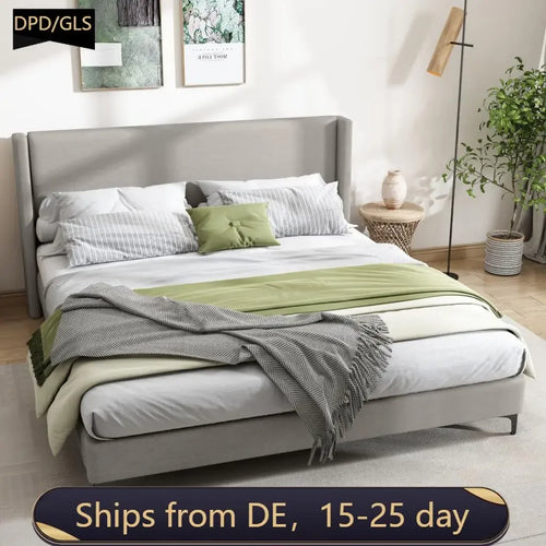 VSOGA Upholstered Bed, Double Bed, Bed With Slatted Frame, High Headboard, Upholstered Headboard, 180 X 200cm, Linen, Grey - vue 2 sur 6