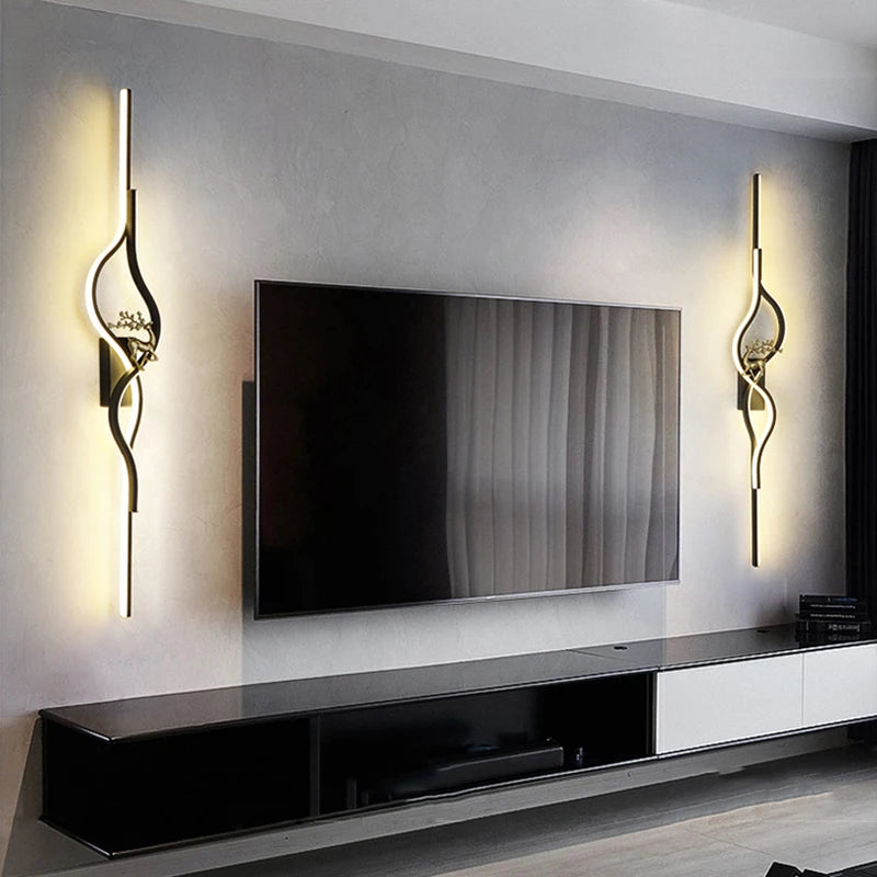 Modern Living Room Long Wall Lights with Anlter Design Gold Black TV Background Decorative Wall Lamp for Bedroom Remote Control - vue 3 sur 23