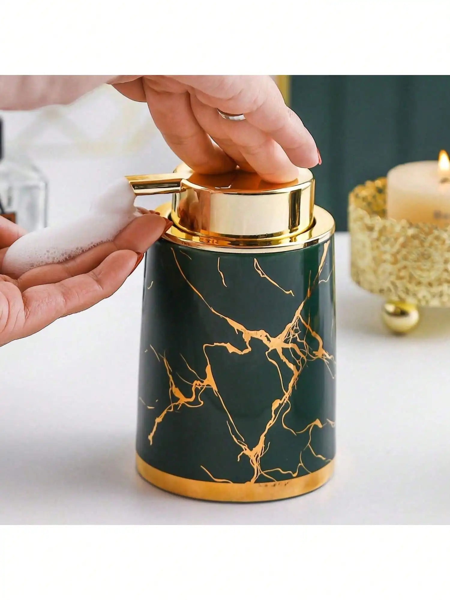 400ml Light Luxury Ceramic Marble Texture Refillable Press Mousse Foaming Soap Dispenser For Bottling, Filling Facial Cleanser - vue 5 sur 9