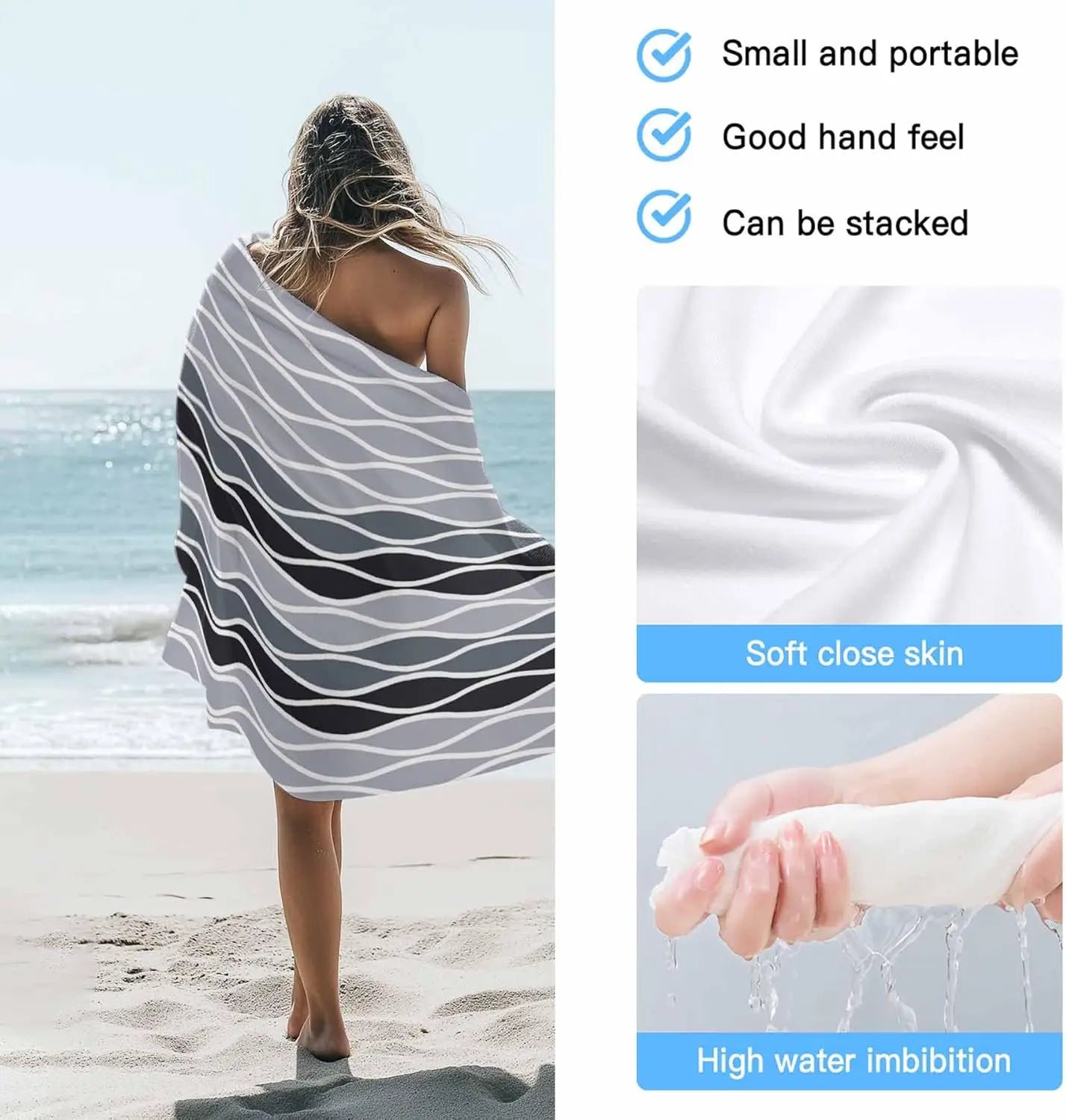 Serviette de plage motif vagues abstraites légère absorbante - vue 5 sur 6