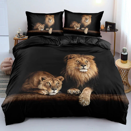 housse de couette lion noir et taie d'oreiller 2 pièces