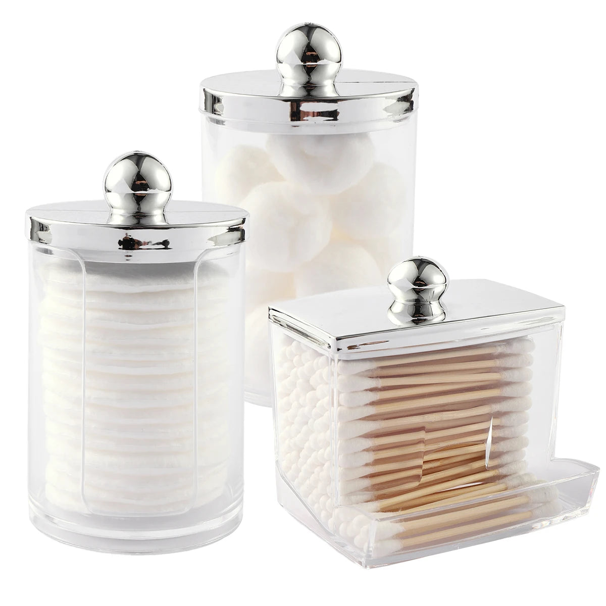 1/3 pcs Qtips Dispenser Bathroom Container with Golden Lid , 10 oz Cotton Ball Holder, Clear Plastic Apothecary Jar Organizer - vue 9 sur 9