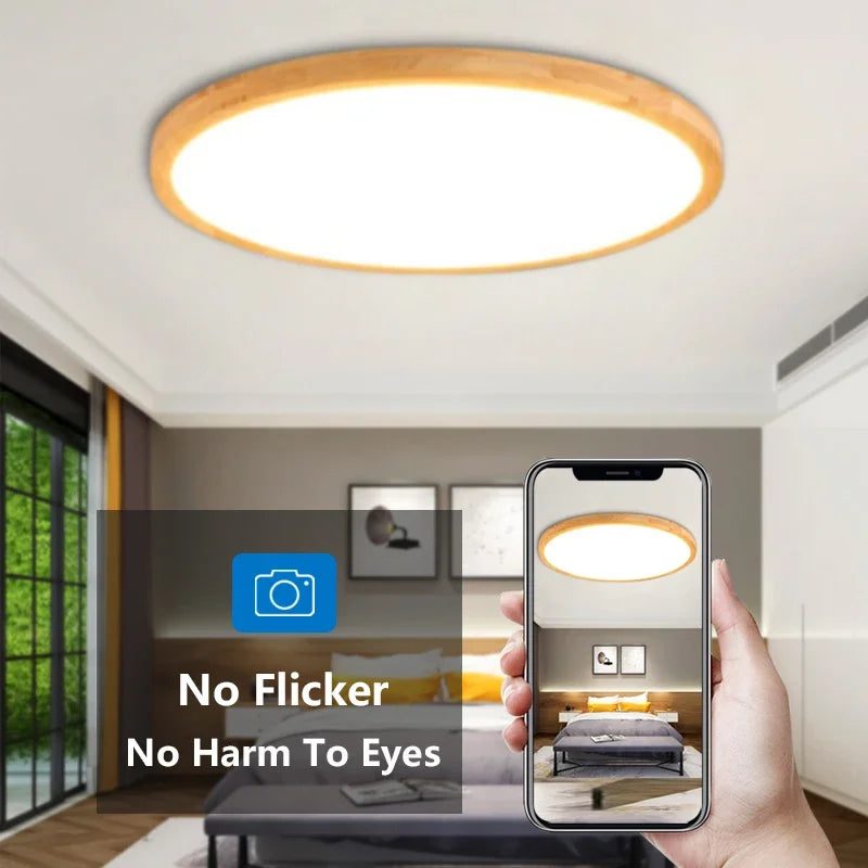 Plafonnier LED mince moderne bois salon étude chambre couloir foyer - vue 7 sur 11